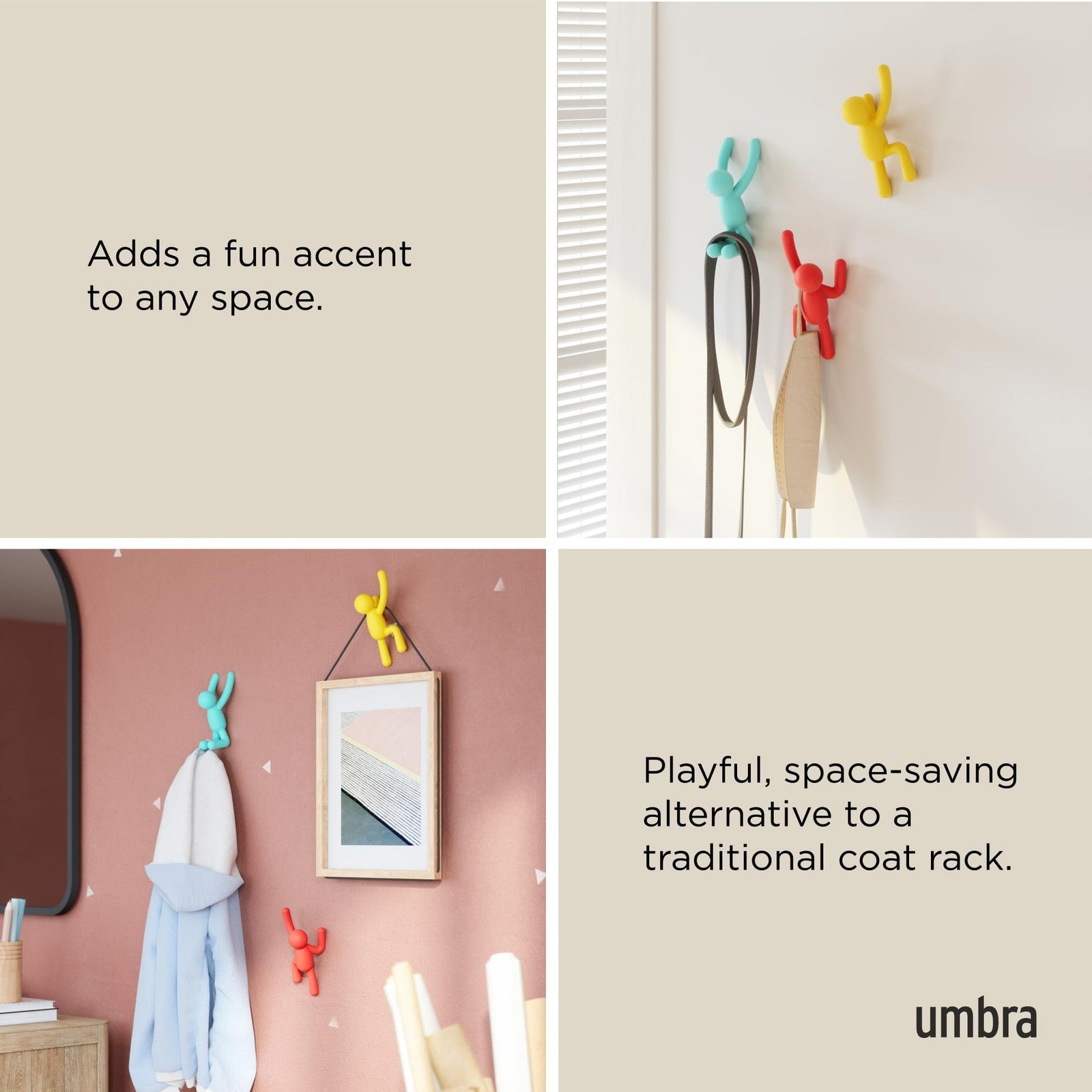 Multicolored Buddy Wall Hooks, Set of 3, Wall-Mounted Coat Hooks