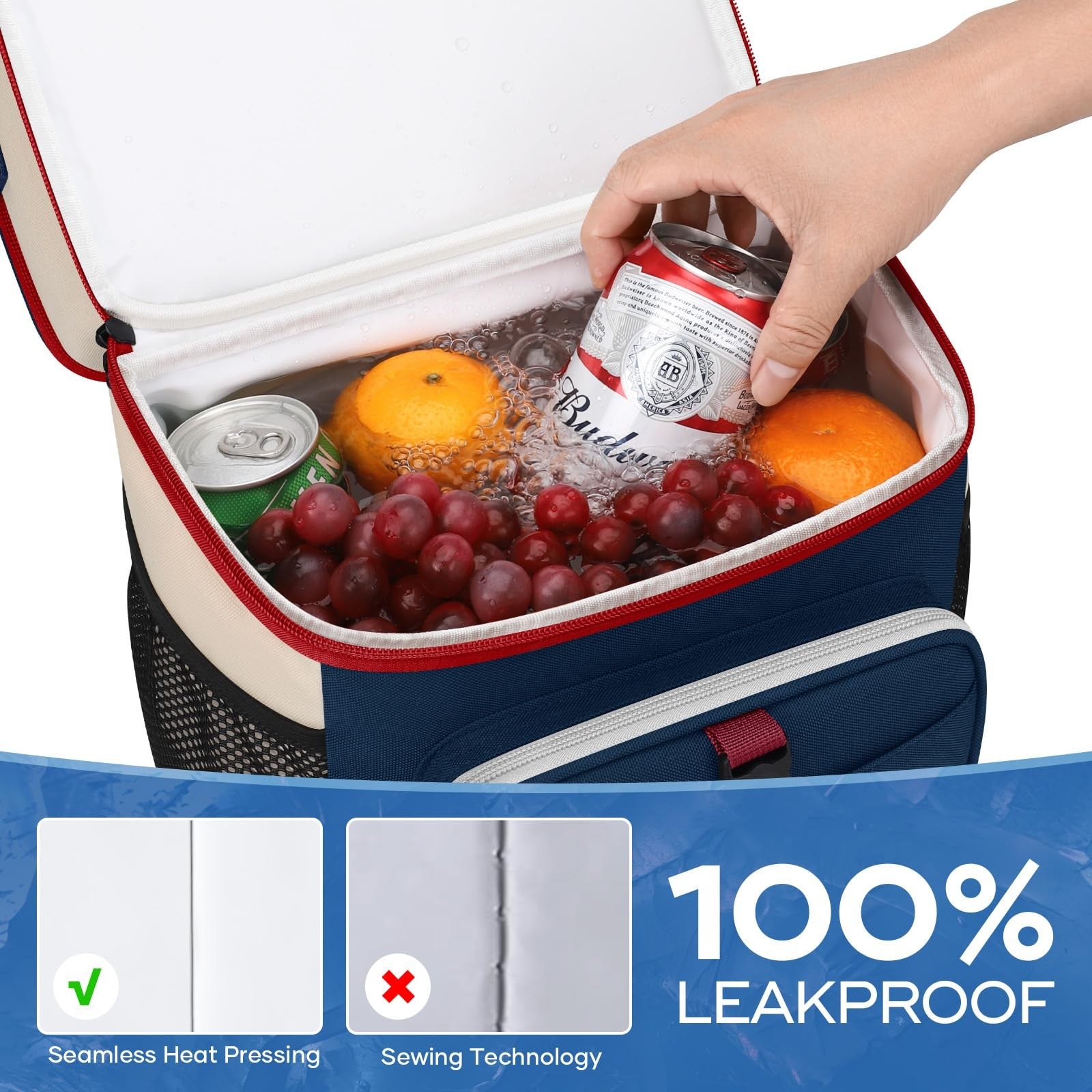 20L Insulated Lunch Bag, Leakproof Double Deck Cooler, Blue-Beige