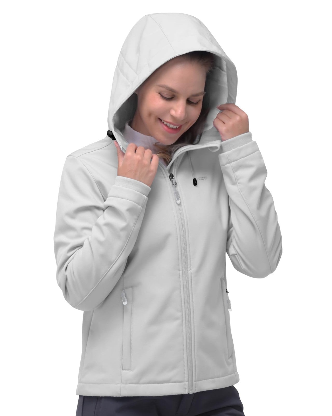 Hooded Women's Softshell Jacket, Fleece Lined, Windproof, Ice Grey, Medium