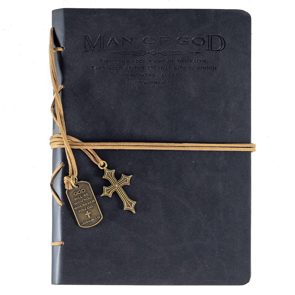 Christian Journal for Men, Black Cover, Scripture & Cross Charm