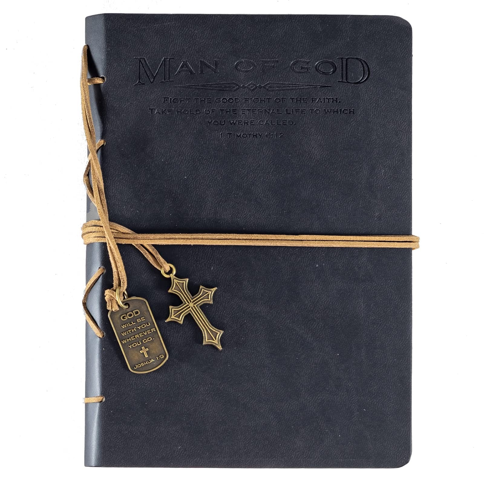 Christian Journal for Men, Black Cover, Scripture & Cross Charm