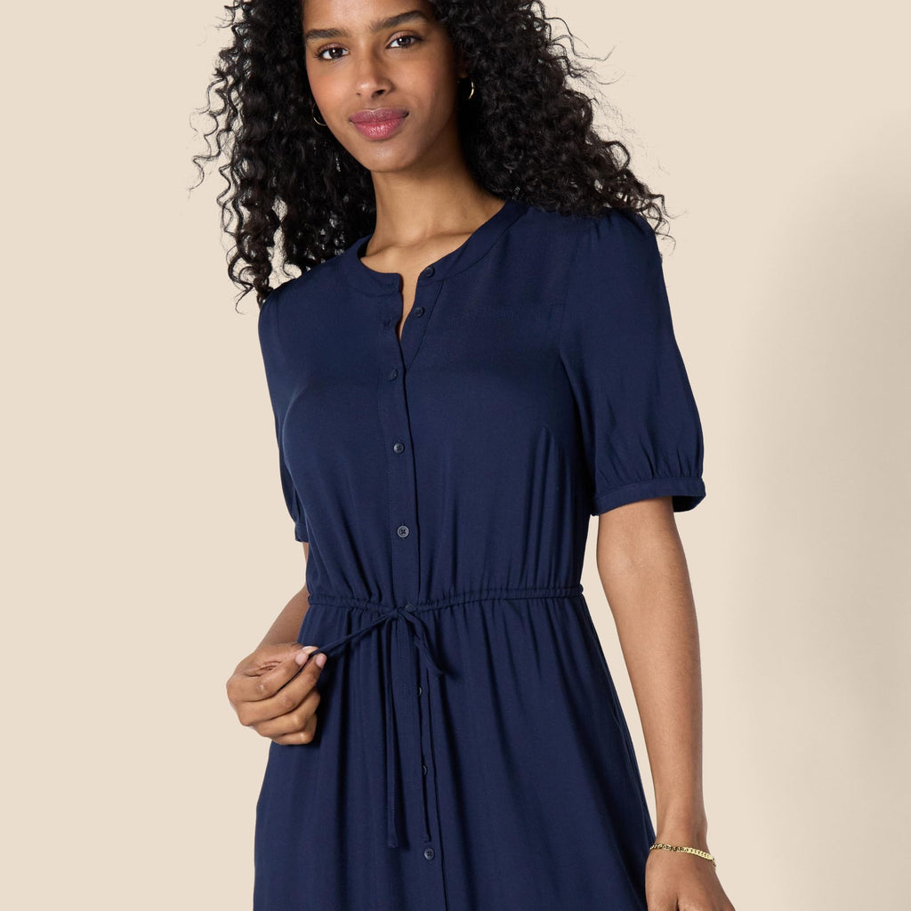 Casual Navy Midi Dress, Large, Half Sleeve, Fit & Flare, Pockets