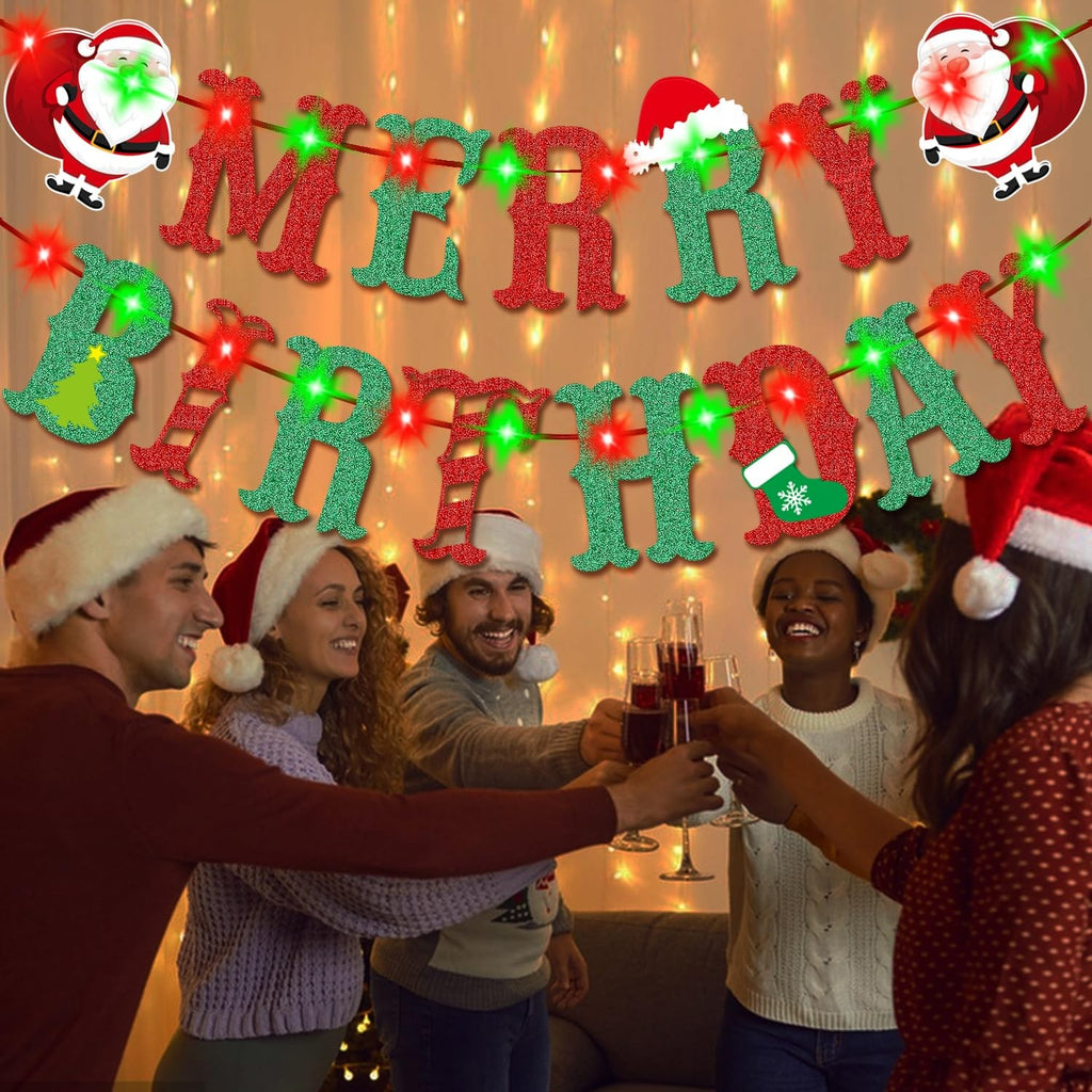Christmas Birthday Party Banner, Glittery Design w/ Battery Fairy Lights