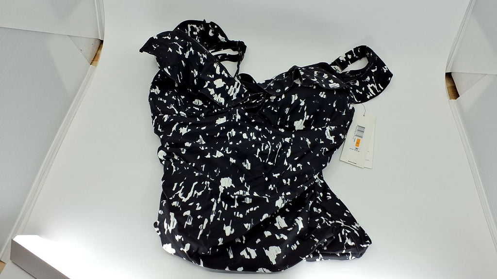 DKNY Ruffle V-Neck One Piece Swimsuit w/ Tummy Control, Small, Black Multi