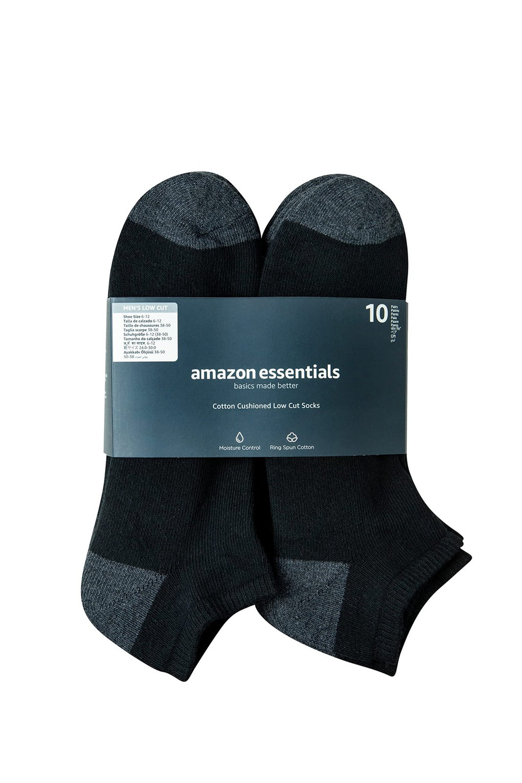 Men's Cushioned Athletic Socks, 10 Pairs, Black, No-Show, Size 13-15