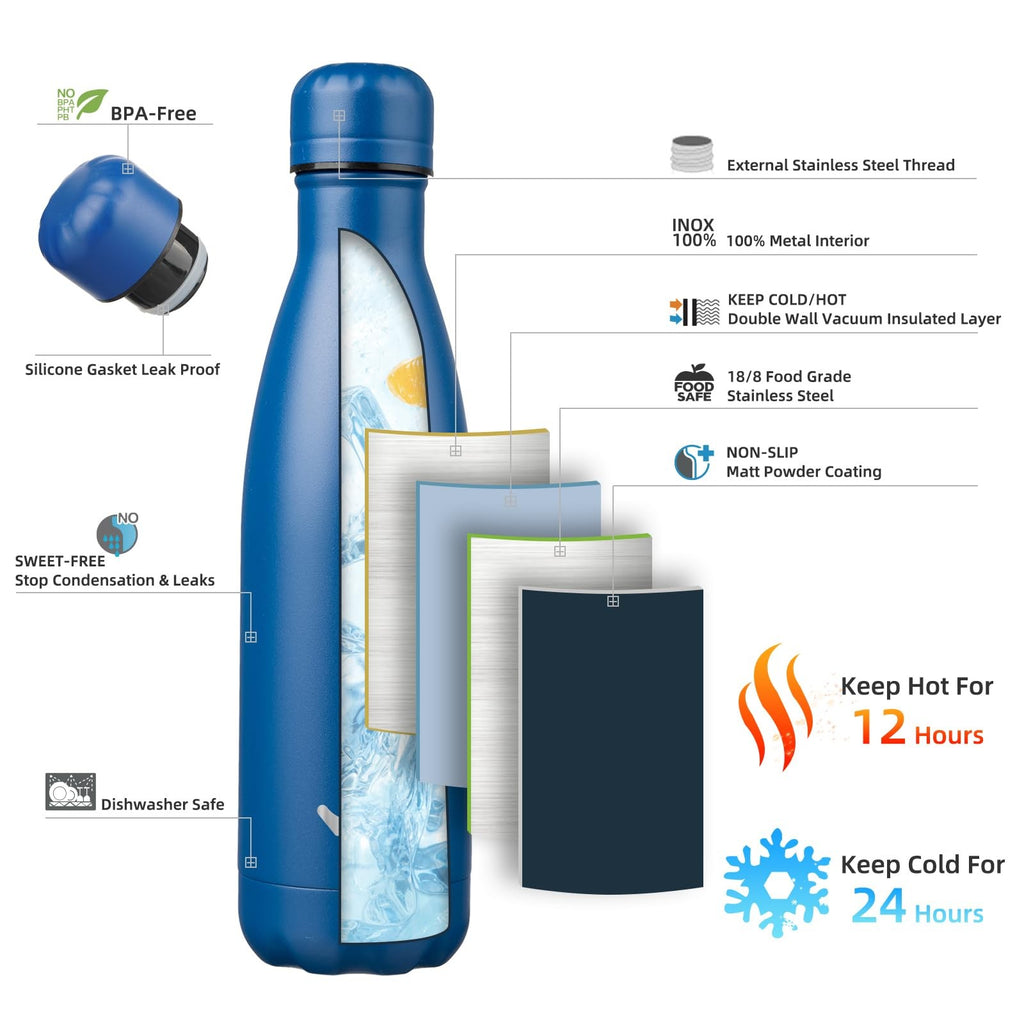 Konokyo 17oz Insulated Flask, Blue Stainless Steel, Travel Ready