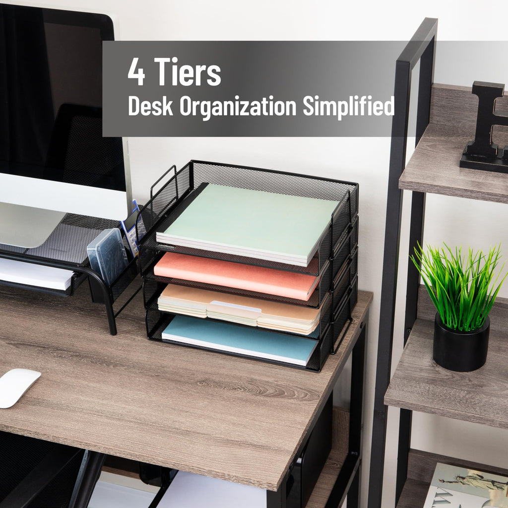 Black Stackable Paper Tray Set, 4 Pcs, Metal Mesh, Office Storage