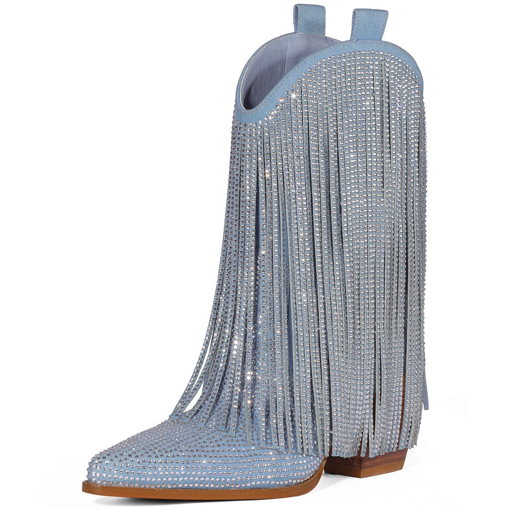 Women’s Cowboy Boots, Chunky Heel, Pointed Toe, Denim, Size 9.5