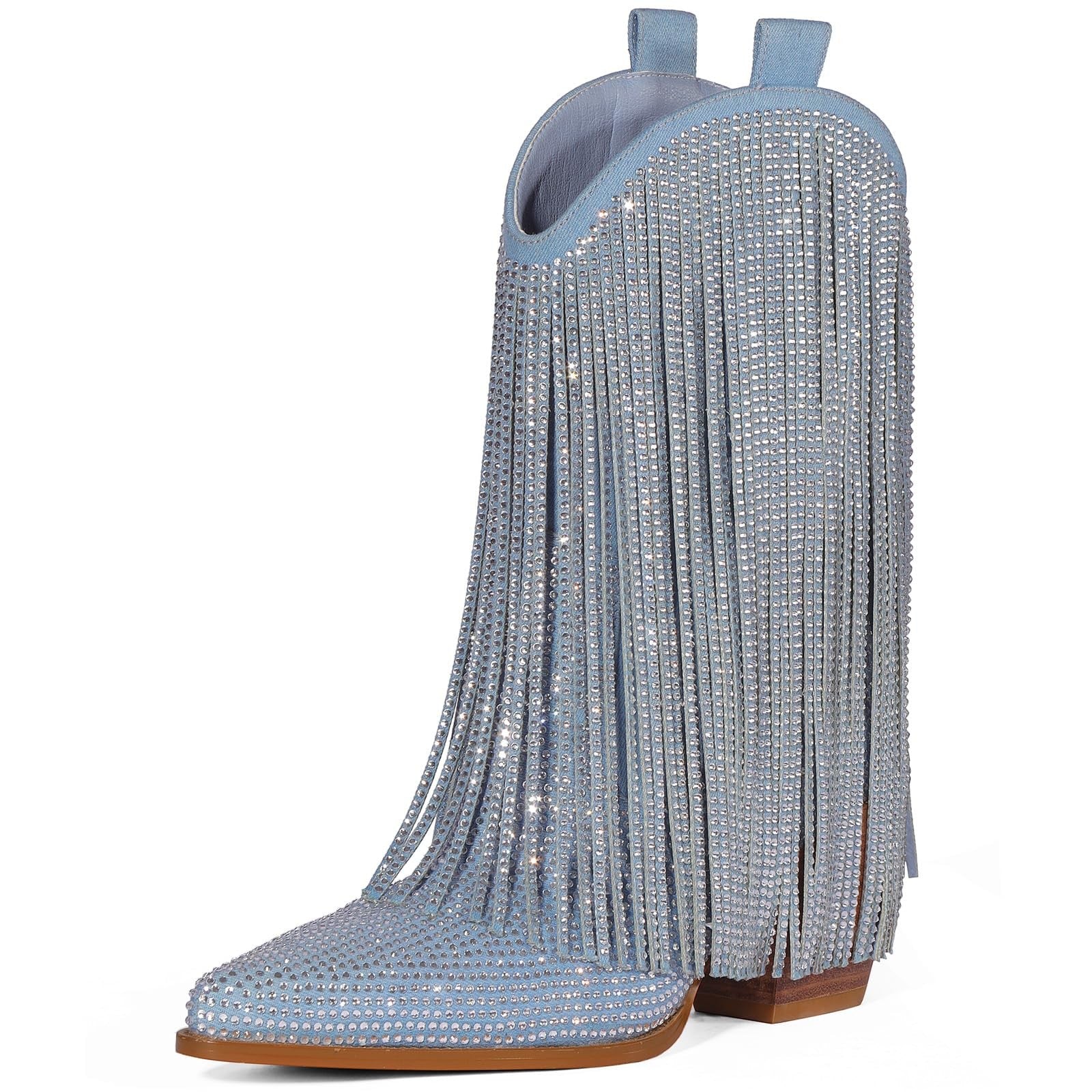 Women’s Cowboy Boots, Chunky Heel, Pointed Toe, Denim, Size 9.5