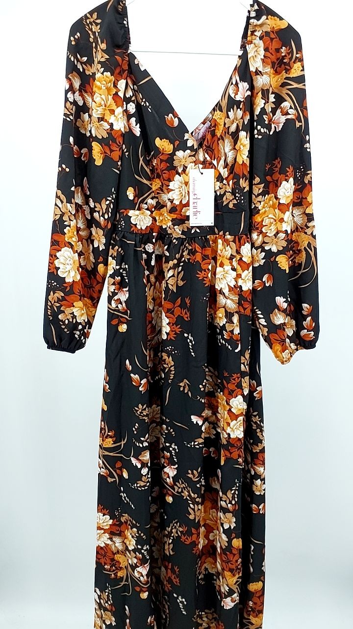 Slit Printed Surplice Long Sleeve Maxi Dress