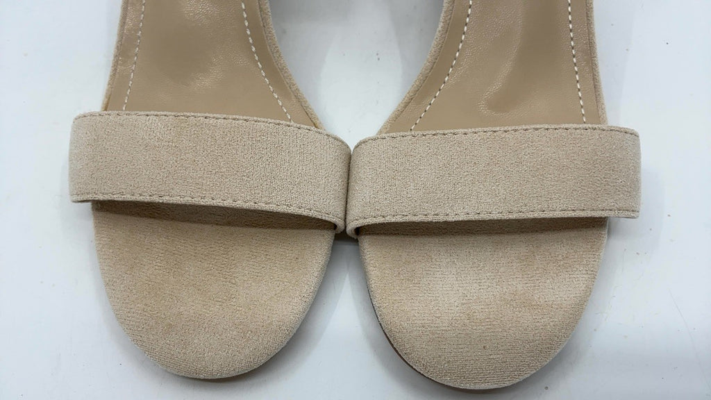 Open Toe Ankle Strap Chunky Heels Sandals, Size 9.5, Nude/Suede