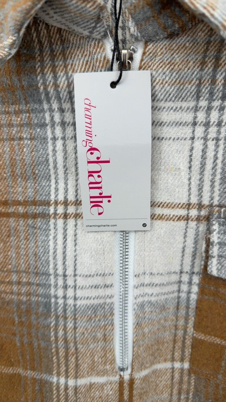 Plaid Collared Neck Half Zip Long Sleeve Top