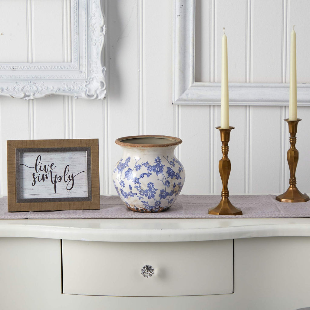 7in. Tuscan Ceramic Blue Scroll Urn Vase