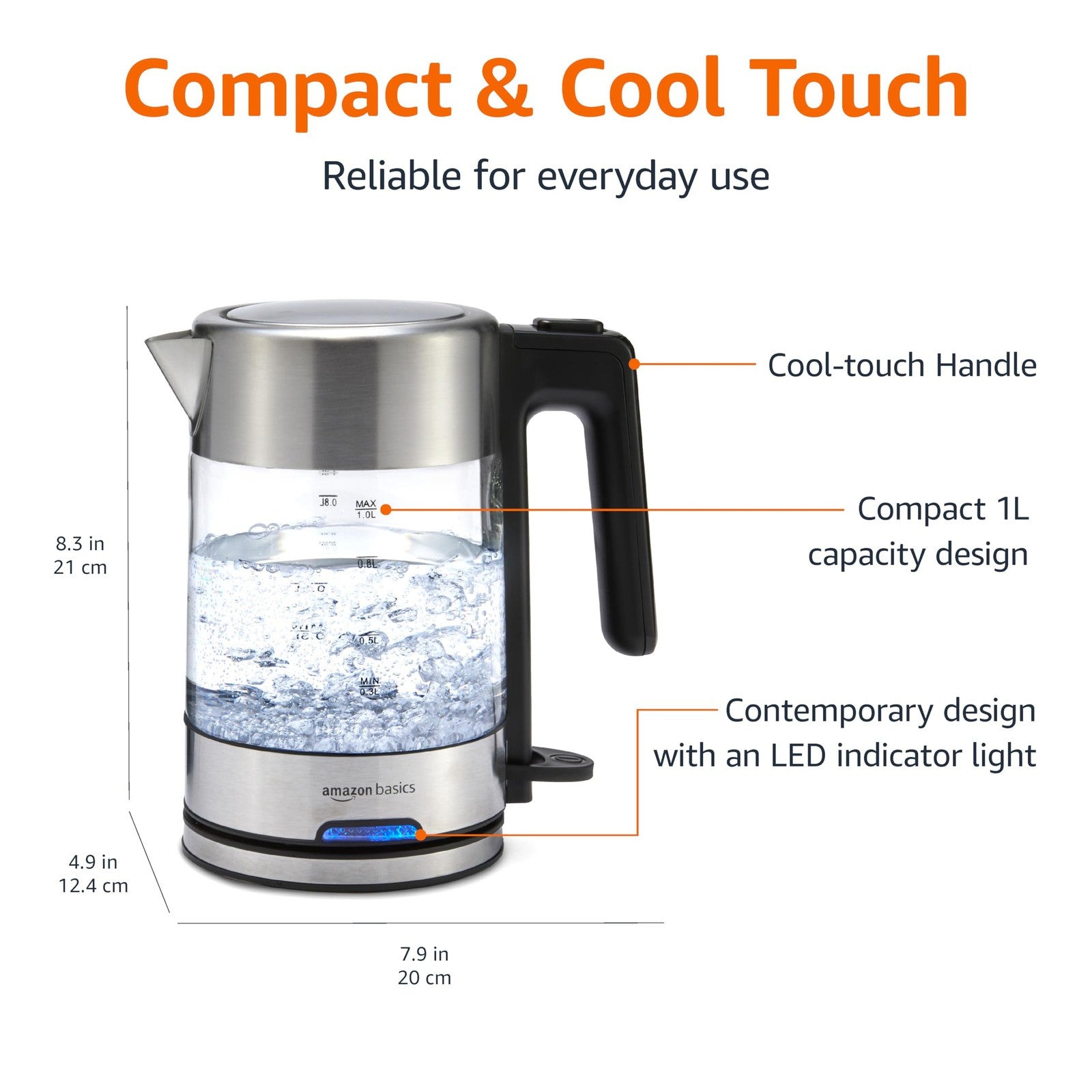 1500W Electric Kettle, 1.1 Qt, Glass & Steel, Auto Shut-Off, BPA-Free