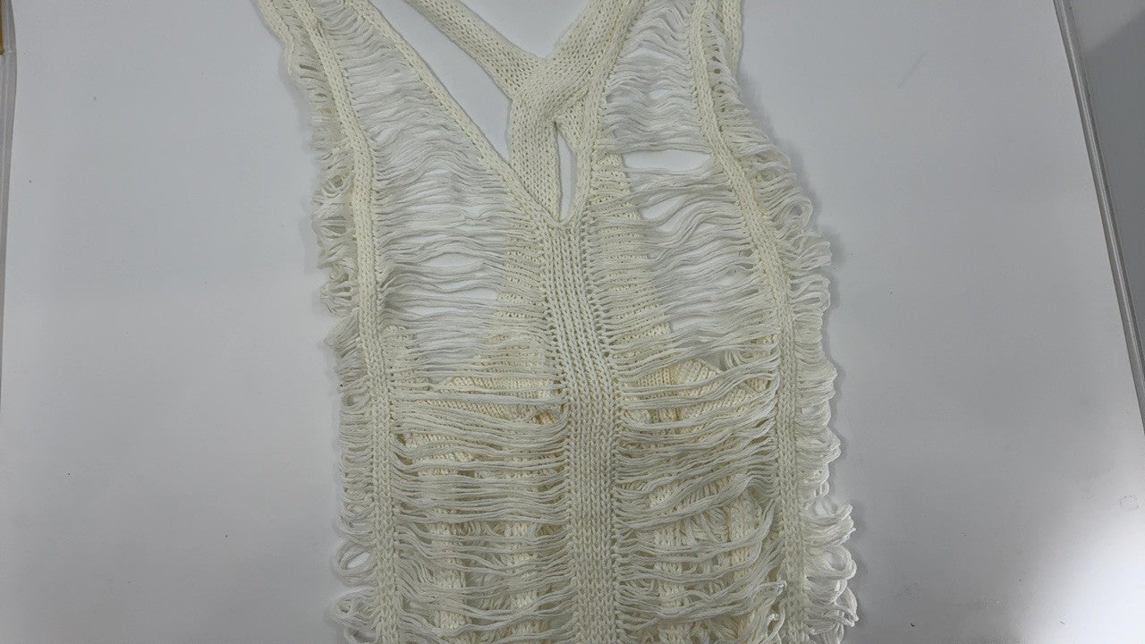 Crochet Hollow Out Beach Cover Up Dress White M by OYOANGLE