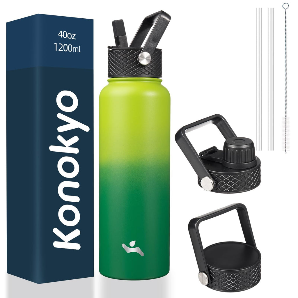 Konokyo 40oz Sport Water Bottle, Insulated Stainless Steel, Bamboo Grove