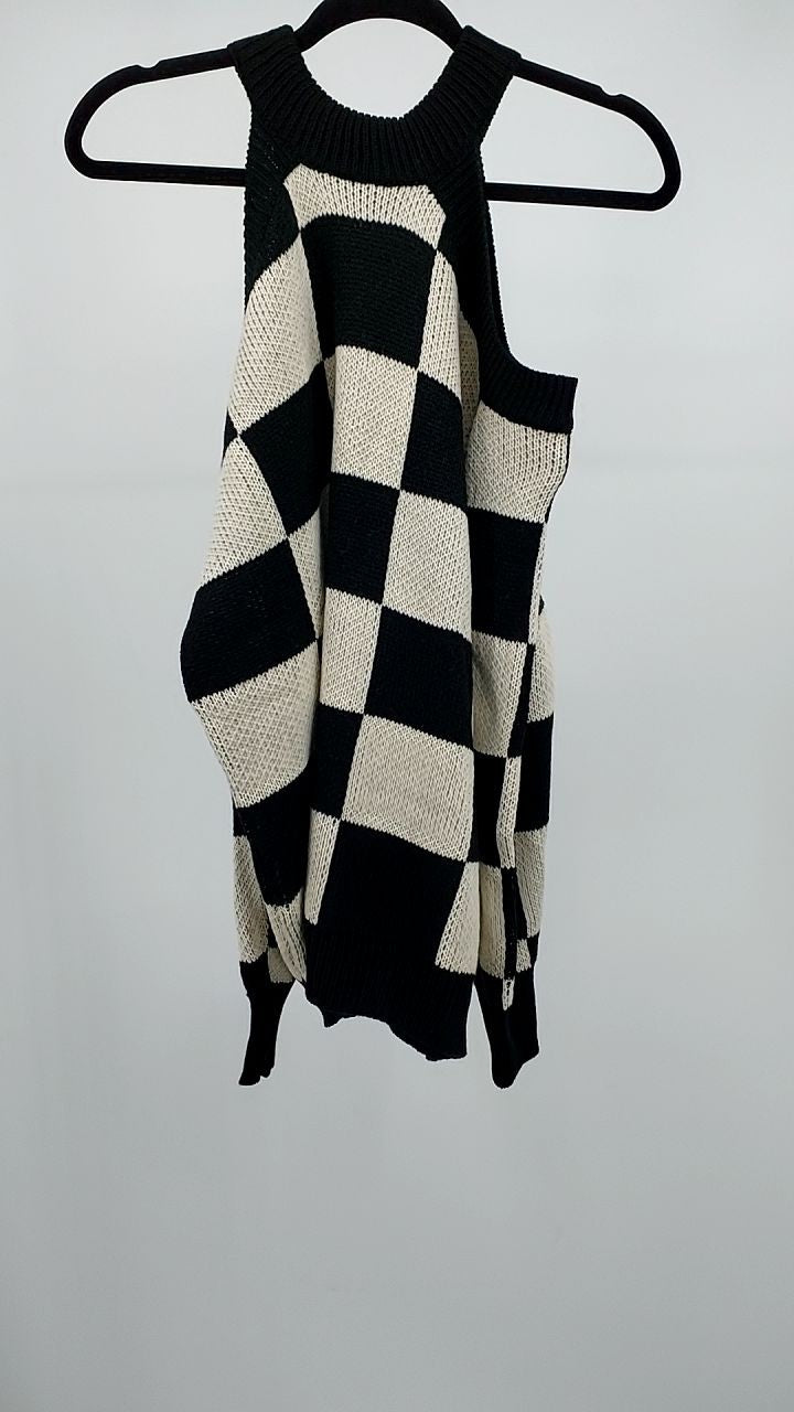 Cold Shoulder Checkered Long Sleeve Sweater