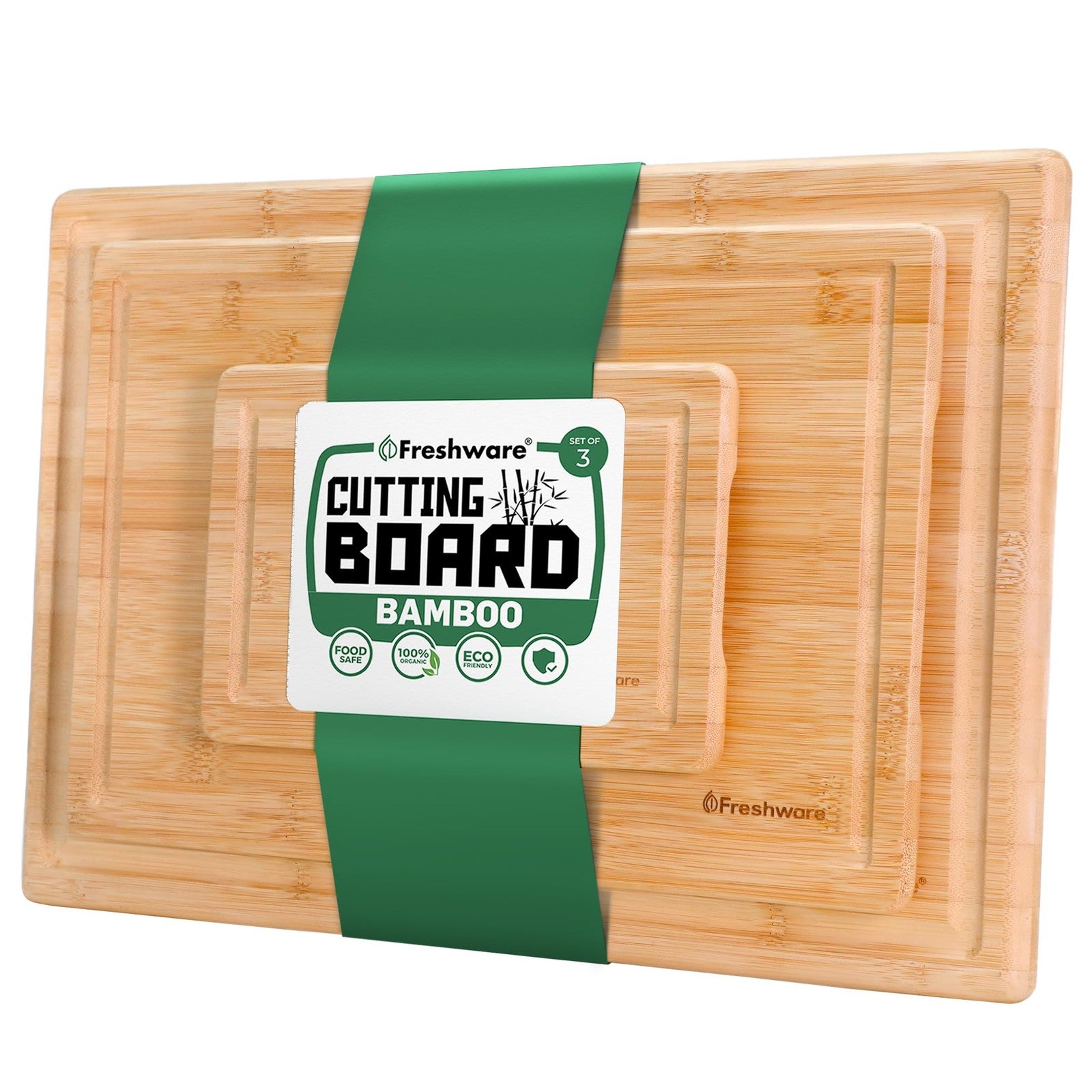 Organic Bamboo Cutting Boards Set of 3, 9x6, 12x8, 15x10, Juice Grooves