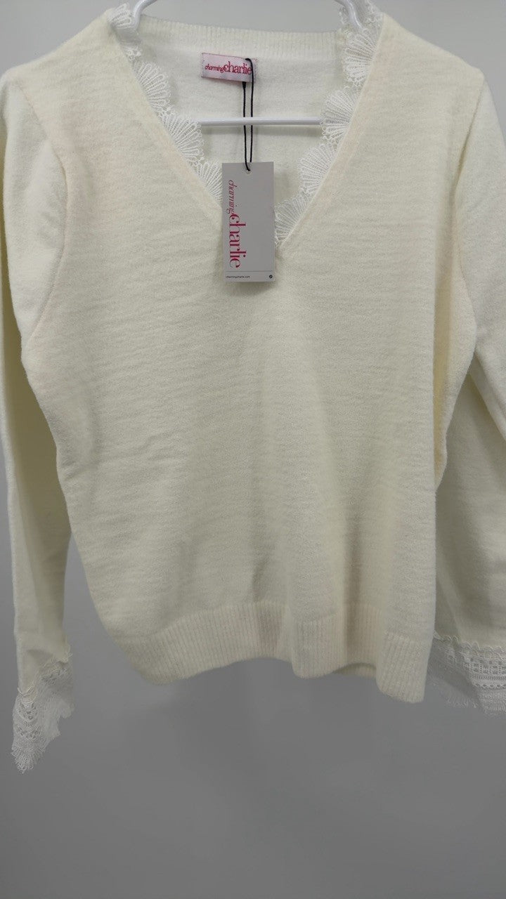 Lace Trim V-Neck Sweater