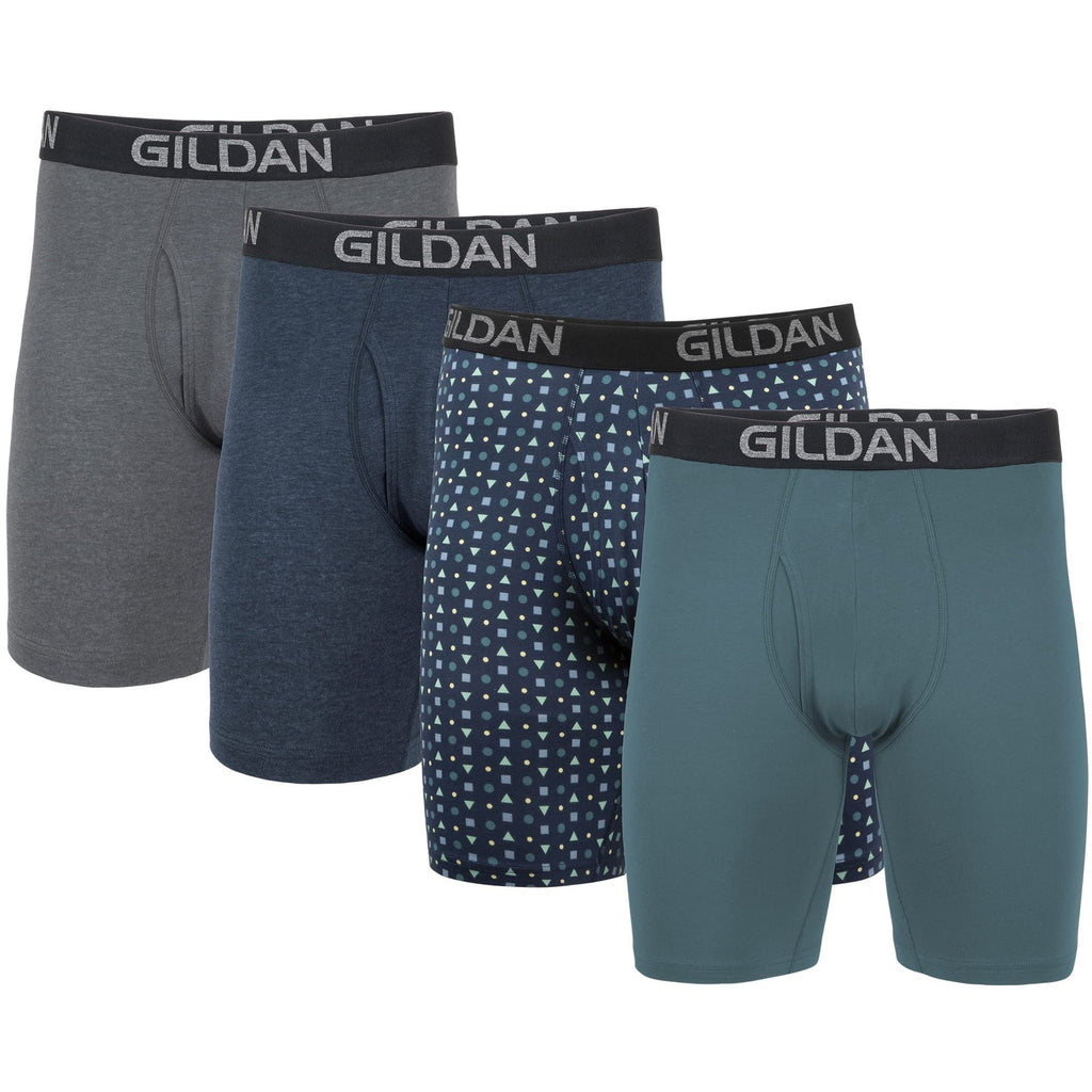 Men's Gildan Boxer Briefs, Cotton Stretch, 4-Pack, Medium, Hthr Dark Grey/Navy