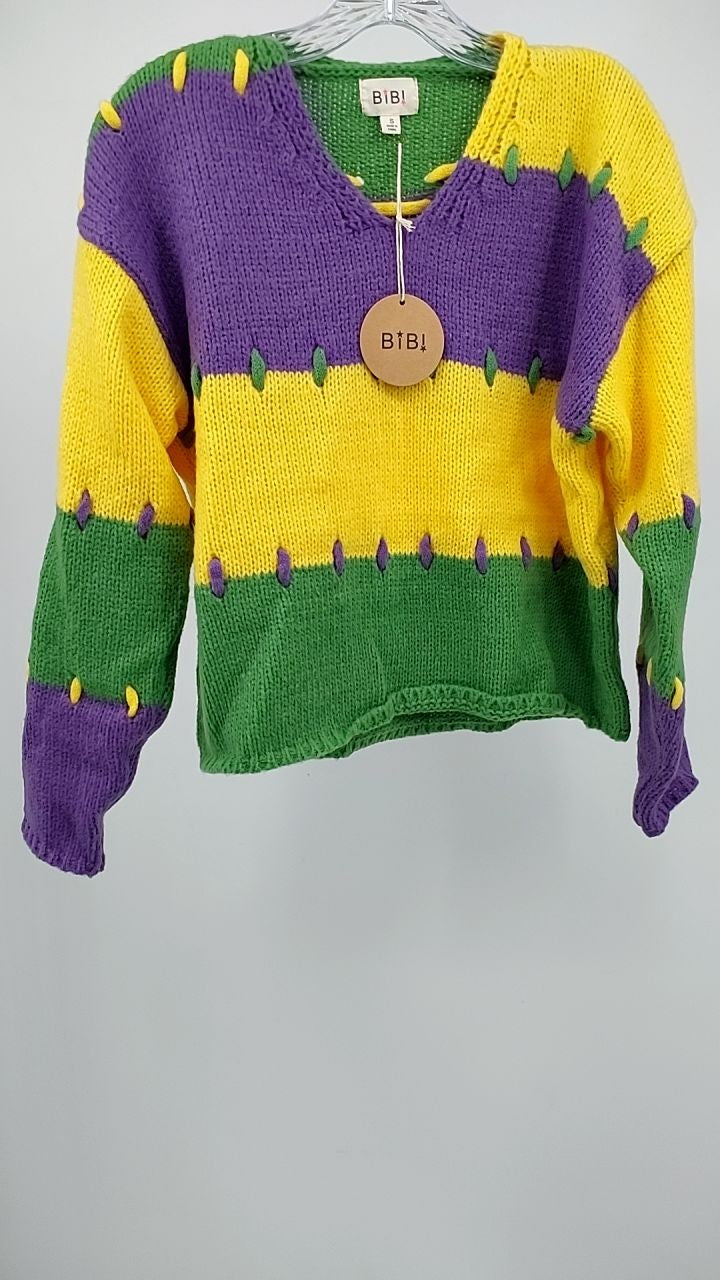 BiBi Stitch Detail Mardi Gras Stripes Sweater