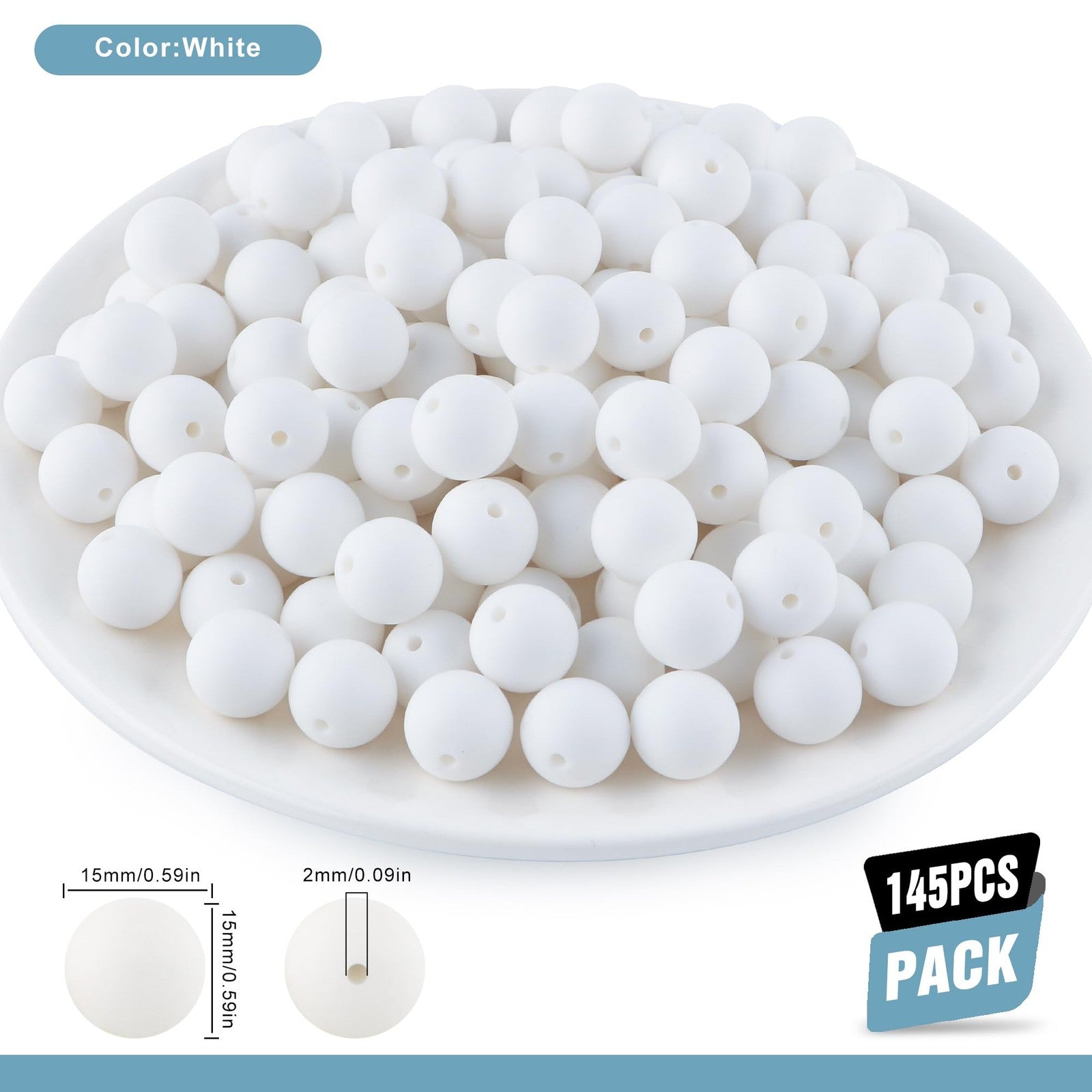 145pcs Silicone Beads 15mm in White - Ideal for Keychains & Bracelets