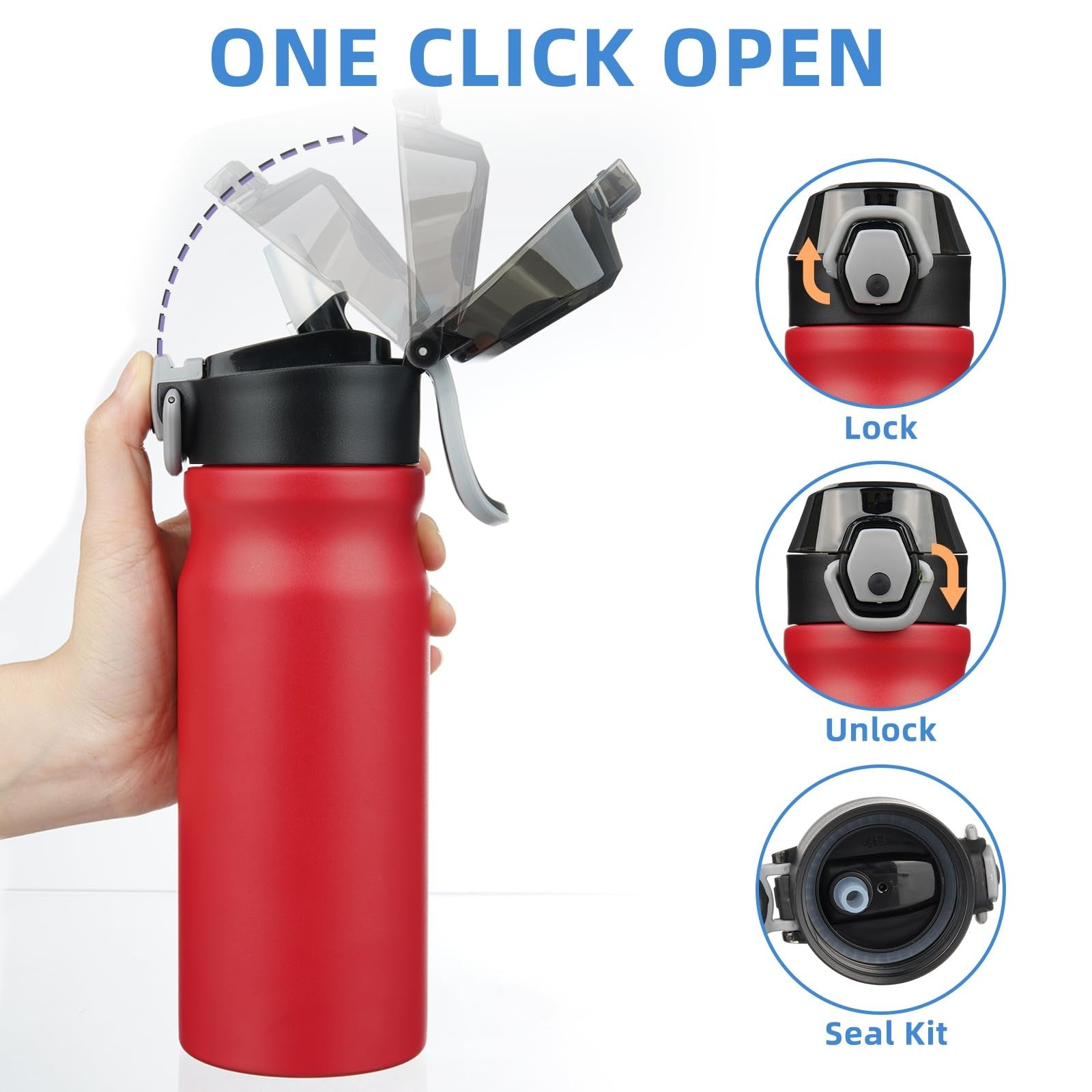 18oz BPA Free Water Bottle, Insulated Stainless Steel, Red, w/ Locking Lid