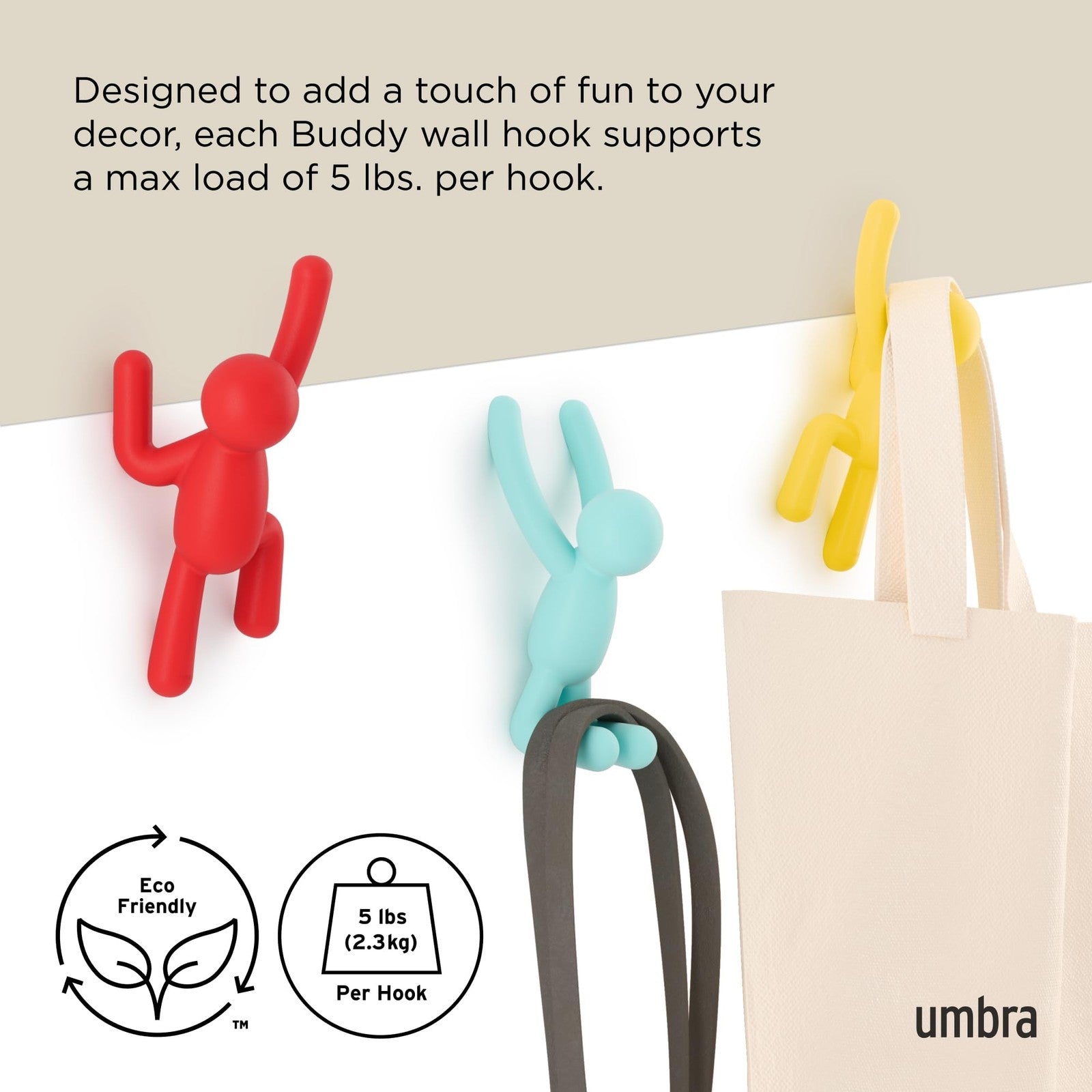 Multicolored Buddy Wall Hooks, Set of 3, Wall-Mounted Coat Hooks