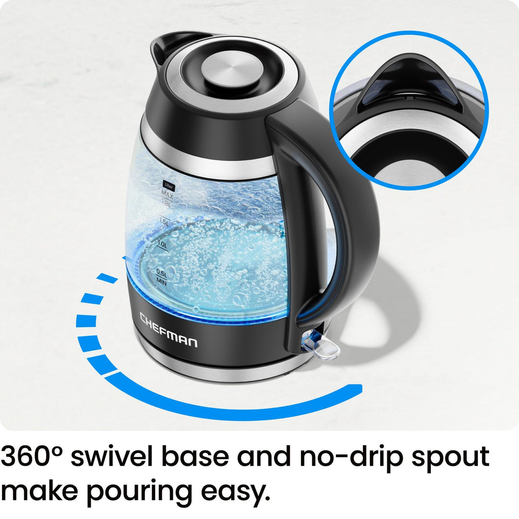 1.8L Electric Kettle by Chefman, Stainless Steel & Glass, Boil-Dry Protection