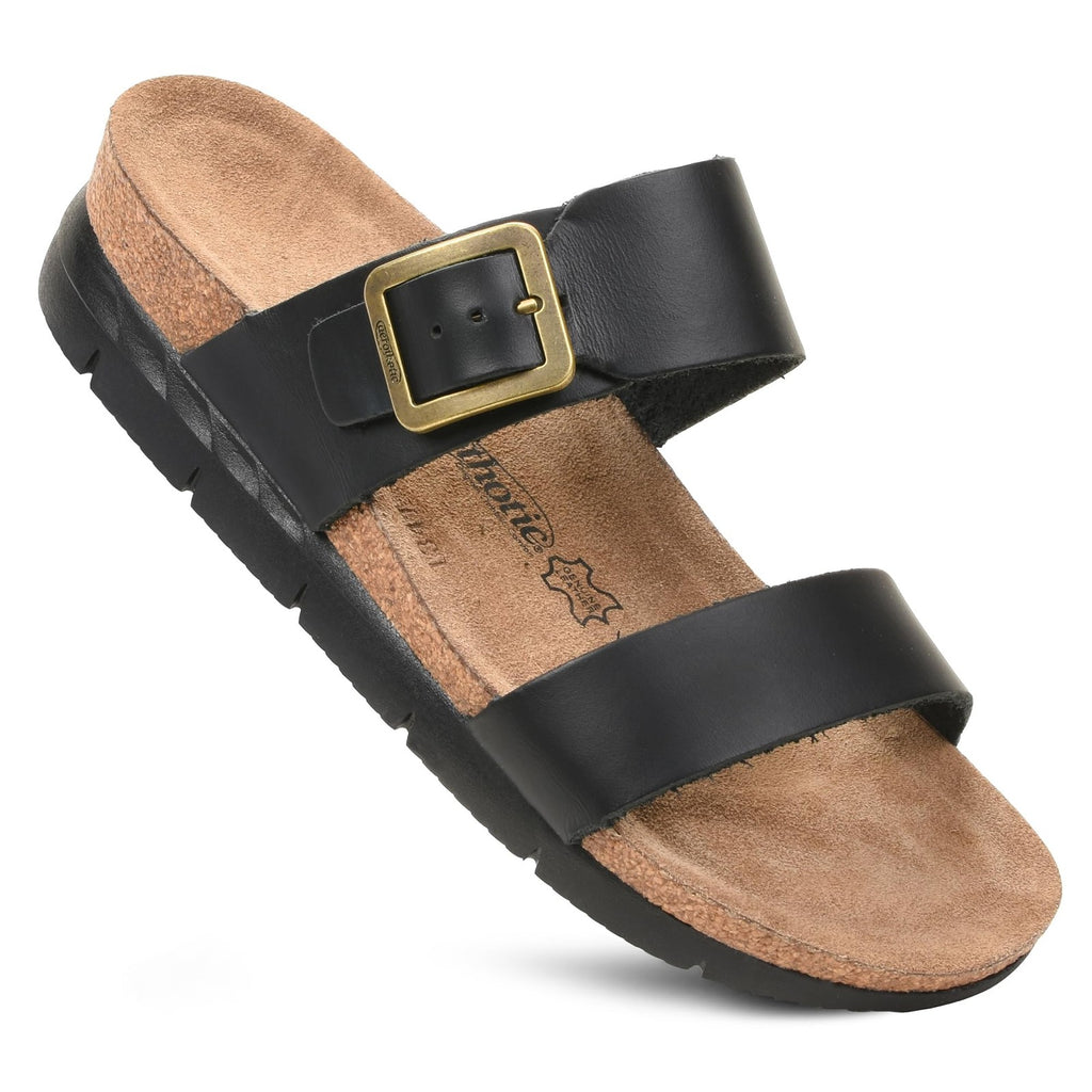 AEROTHOTIC Leather Slides w/ Arch Support, Size 10-10.5, Florence Black