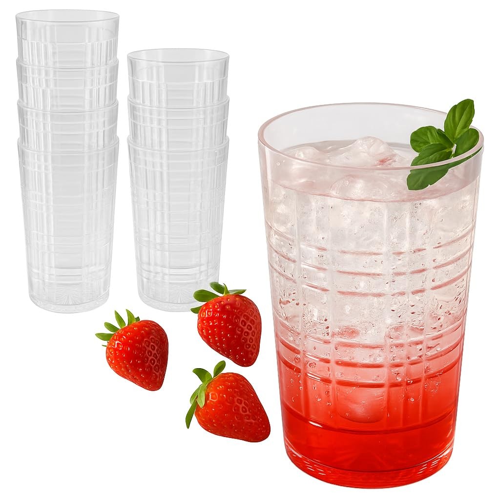 Clear Plaid Acrylic Drinking Glasses Set of 8 - 22oz Tumblers, BPA-Free