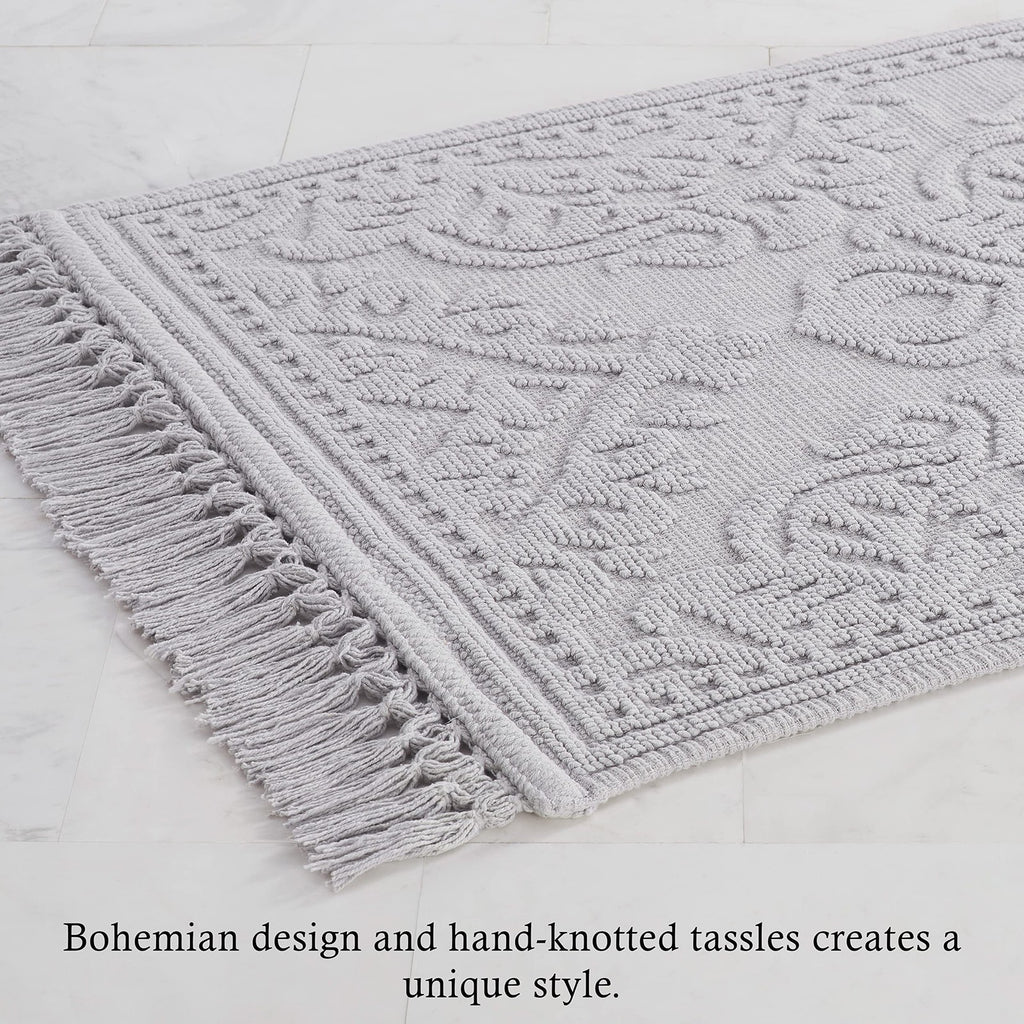 Ricardo Bath Mats Set, 100% Cotton, Light Gray, Woven Fringe Design