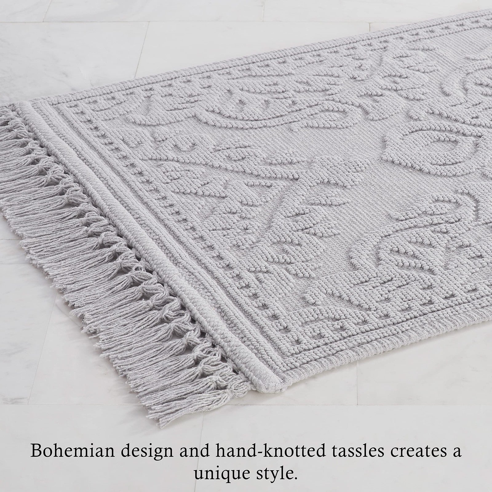 Ricardo Bath Mats Set, 100% Cotton, Light Gray, Woven Fringe Design