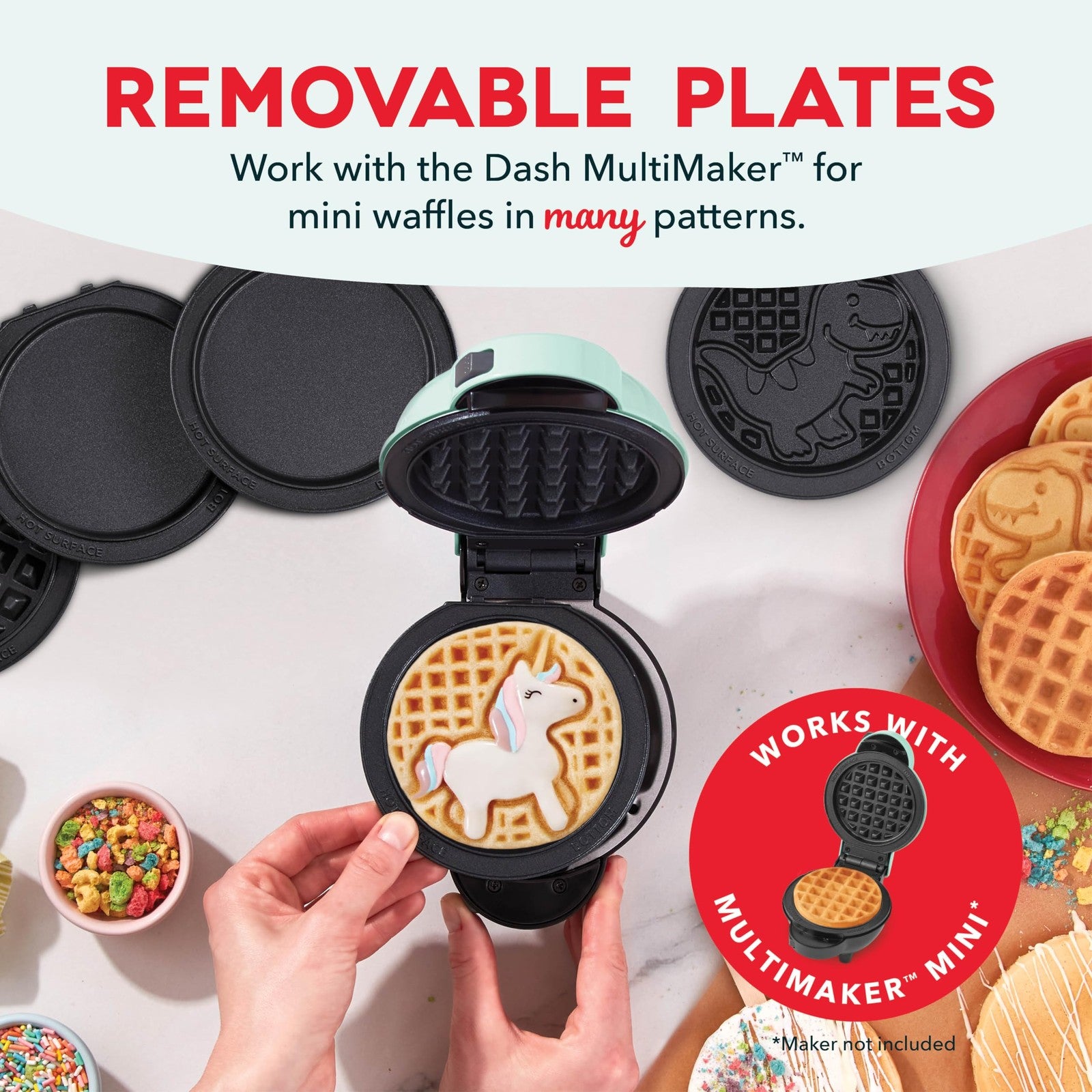2Pc Nonstick Waffle Plates Set for DASH Mini Maker, Unicorn & Dinosaur