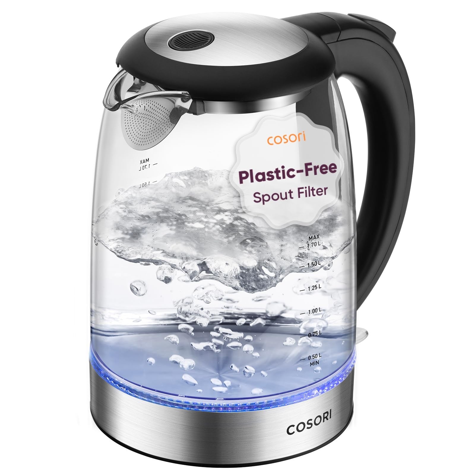 1500W Electric Kettle, 1.8Qt, Black, Borosilicate Glass, Auto Shut Off