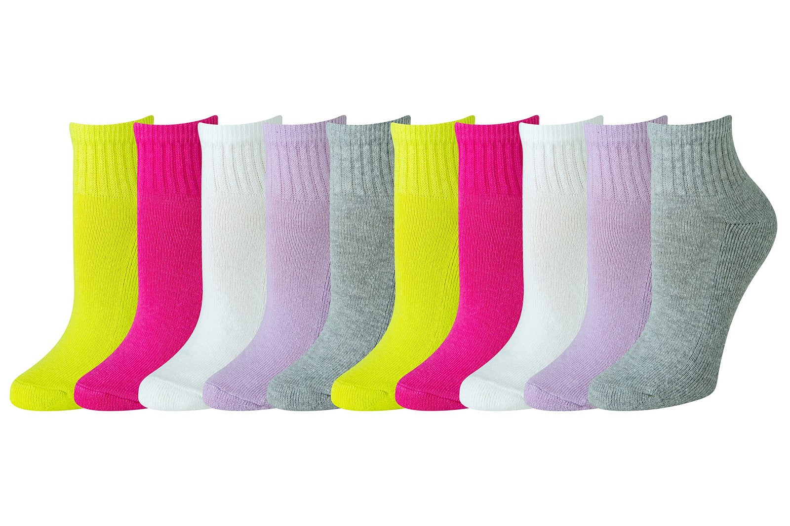 Lightly Cushioned Women's Ankle Socks, 10 Pairs, 8-12, Pink/Grey/White