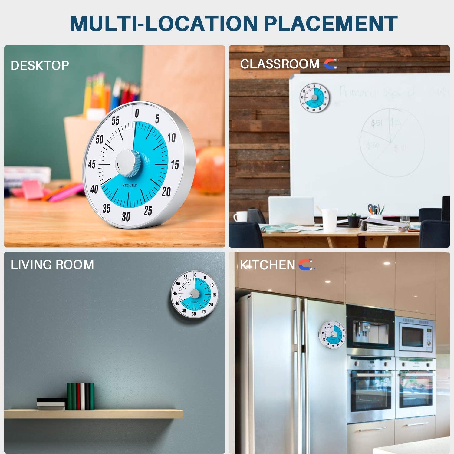Secura 7.5-Inch Visual Countdown Timer, Blue, 60-Minute Kitchen Timer