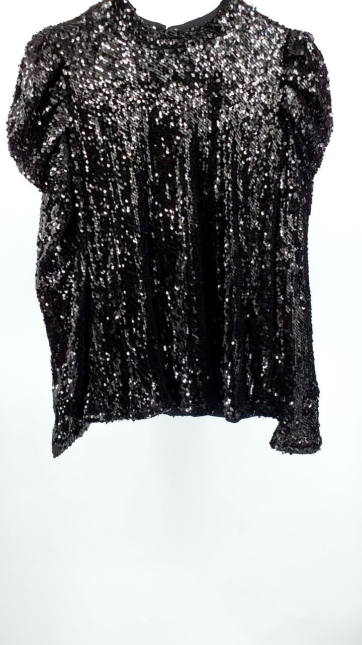 Sequin Mock Neck Puff Sleeve Blouse