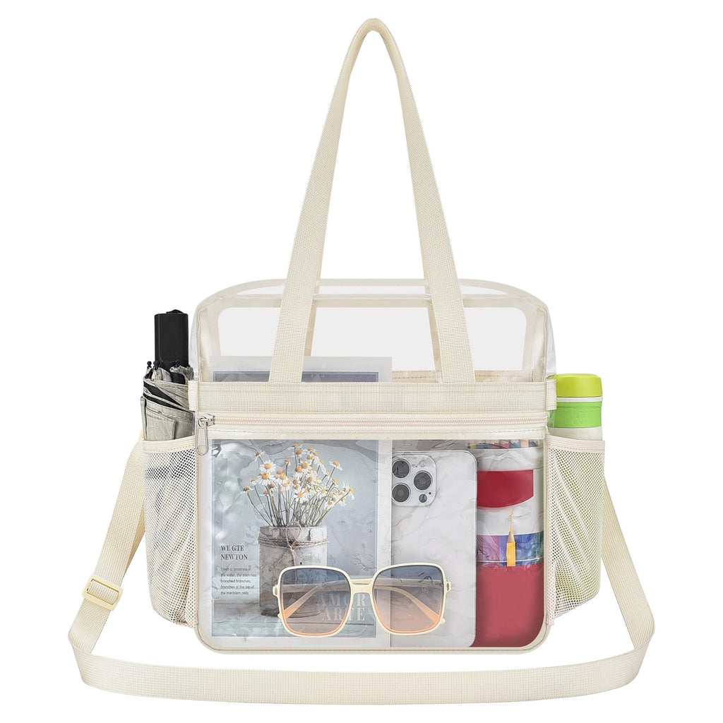 Large Clear Tote Bag 12x6x12 - Stadium Approved, Cream, w/ Shoulder Strap