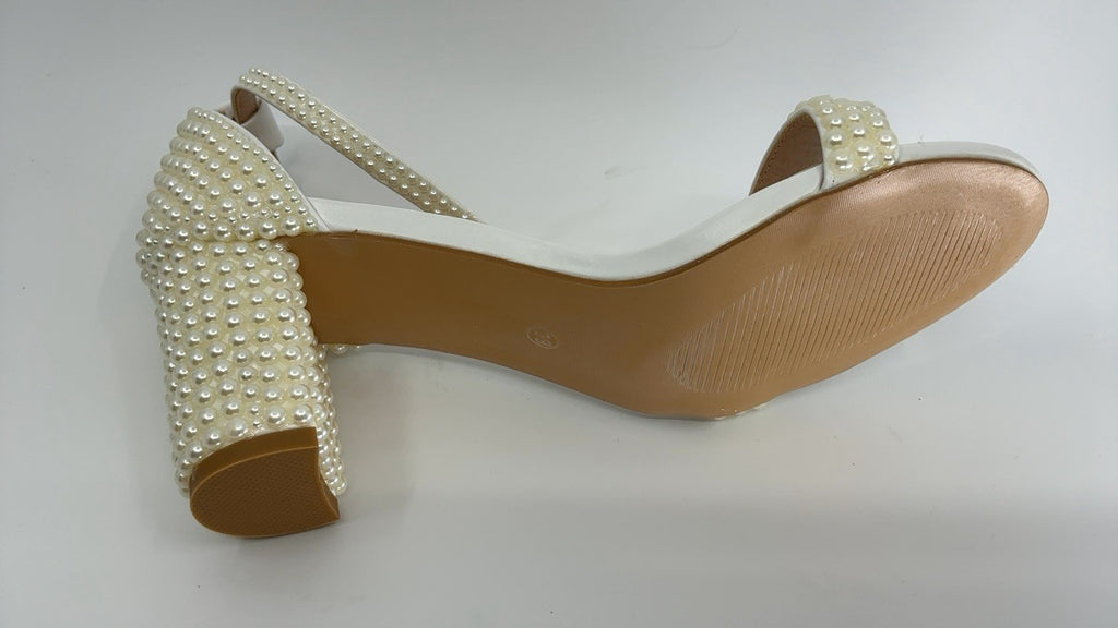 2.95'' Pearls Block Heels Sandals Beige 8 Peep Toe Rhinestone Pumps