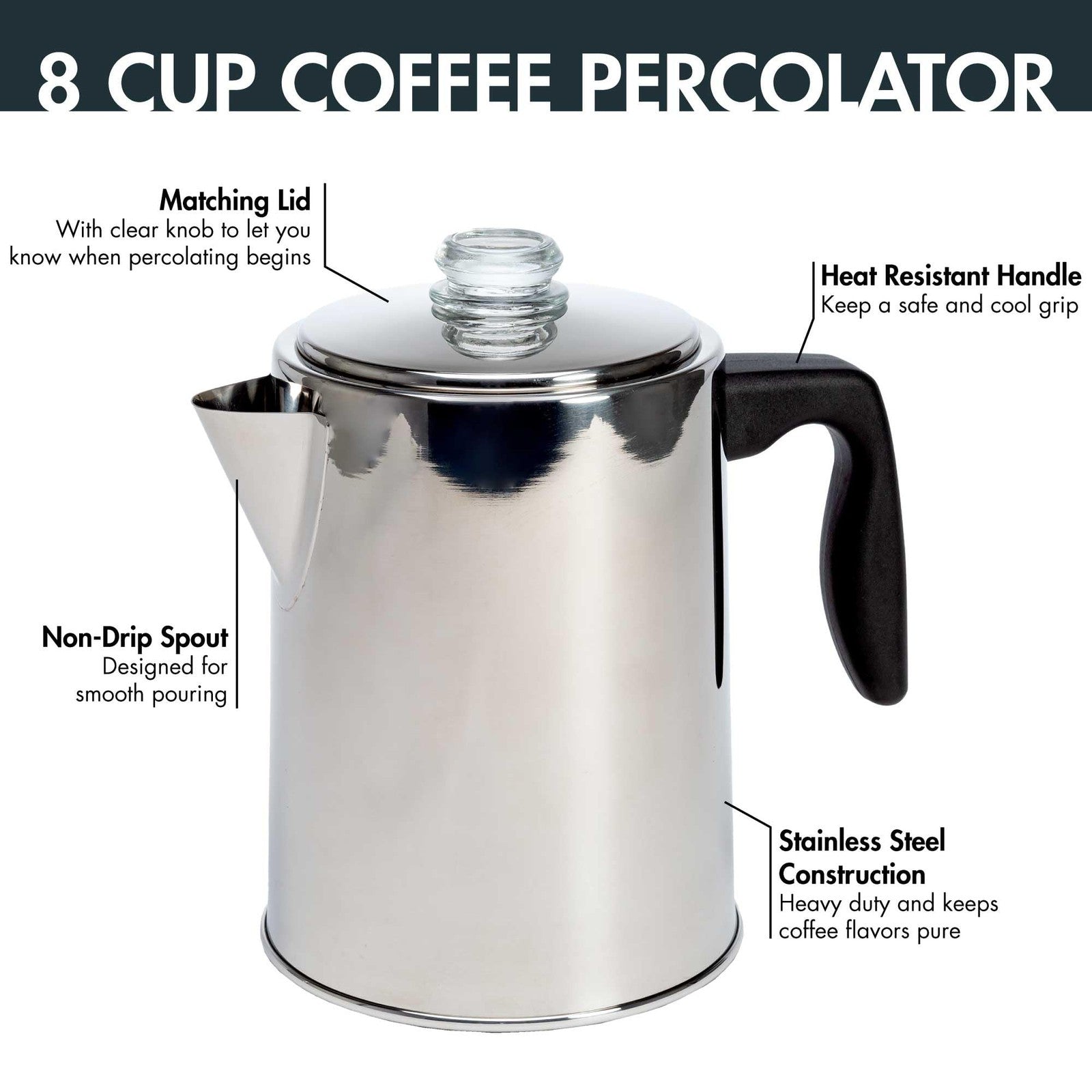 8 Cup Stainless Steel Coffee Percolator w/ Reusable Filter Basket