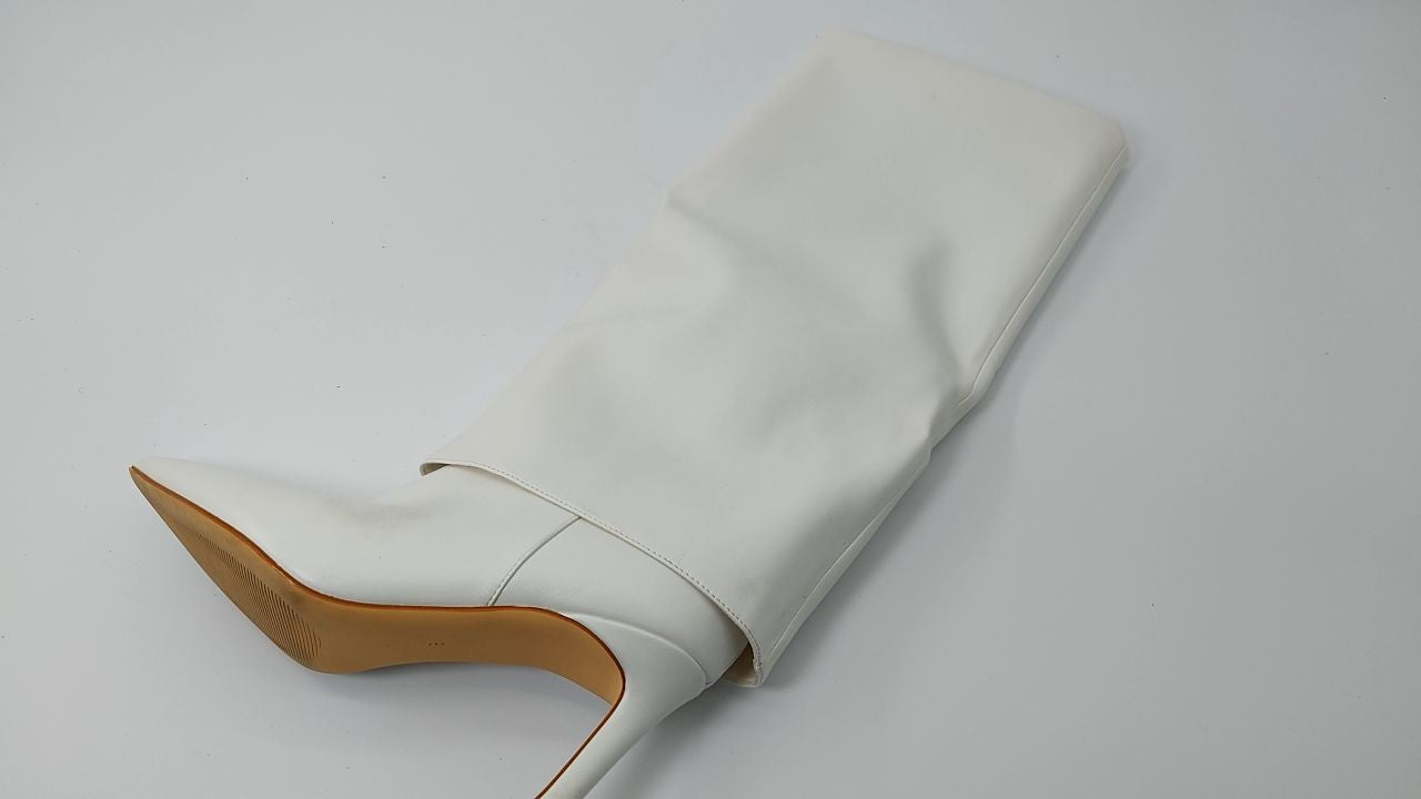 Women's White Fold Over Knee High Boots, Stiletto Heel, Size 8