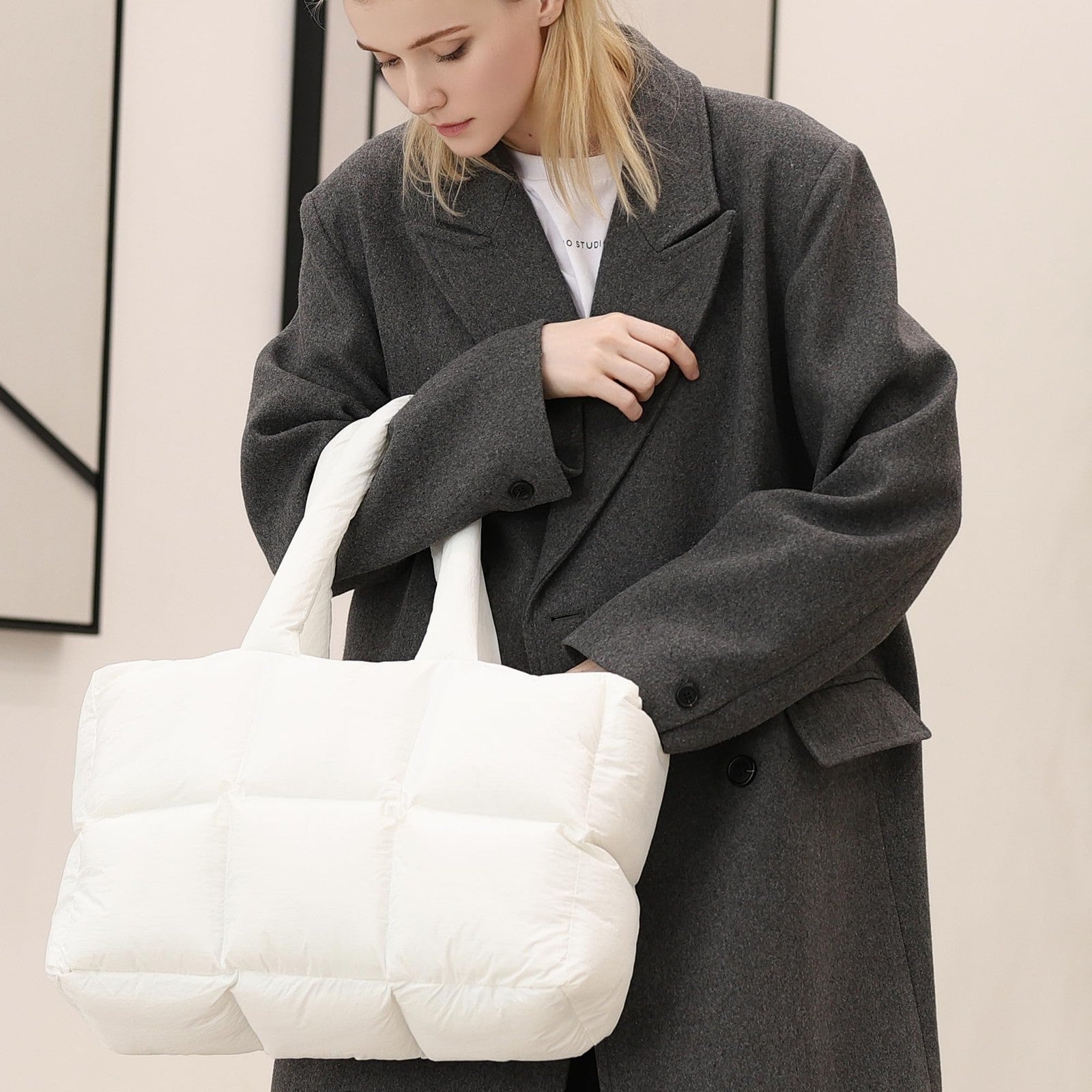 Lightweight White Quilted Puffer Tote Bag, Women's Large Handbag