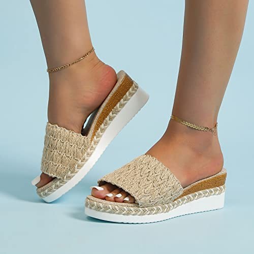 Fashion Summer Slippers Women Thick Slope Heel Beige 4.5 UK