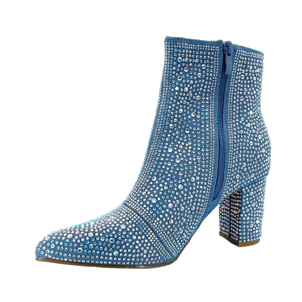 ABSOLEX Women's Blue Denim Pointed Toe Rhinestone Ankle Booties Size 8