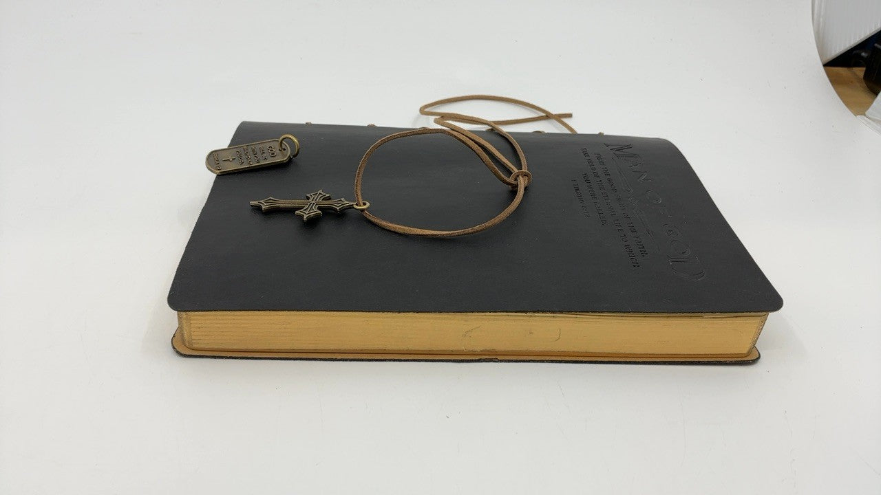 Christian Journal for Men, Black Cover, Scripture & Cross Charm