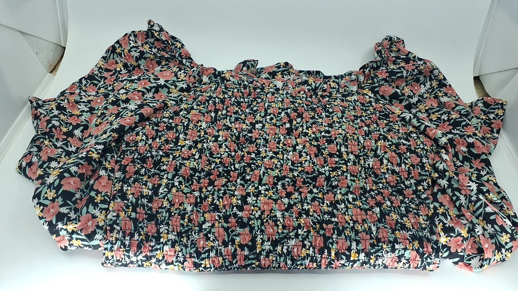 Floral Midi Bodycon Dress w/ Puff Sleeves, Square Neck, Blue Purple, M