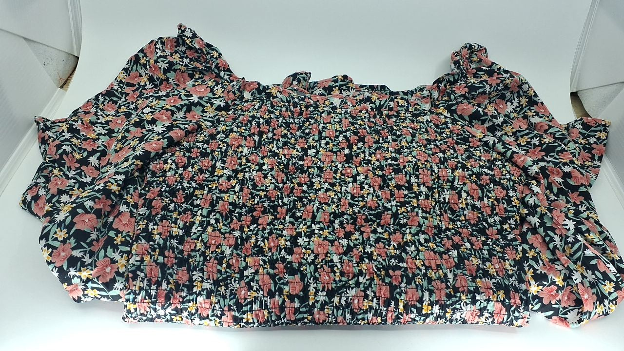 Floral Midi Bodycon Dress w/ Puff Sleeves, Square Neck, Blue Purple, M