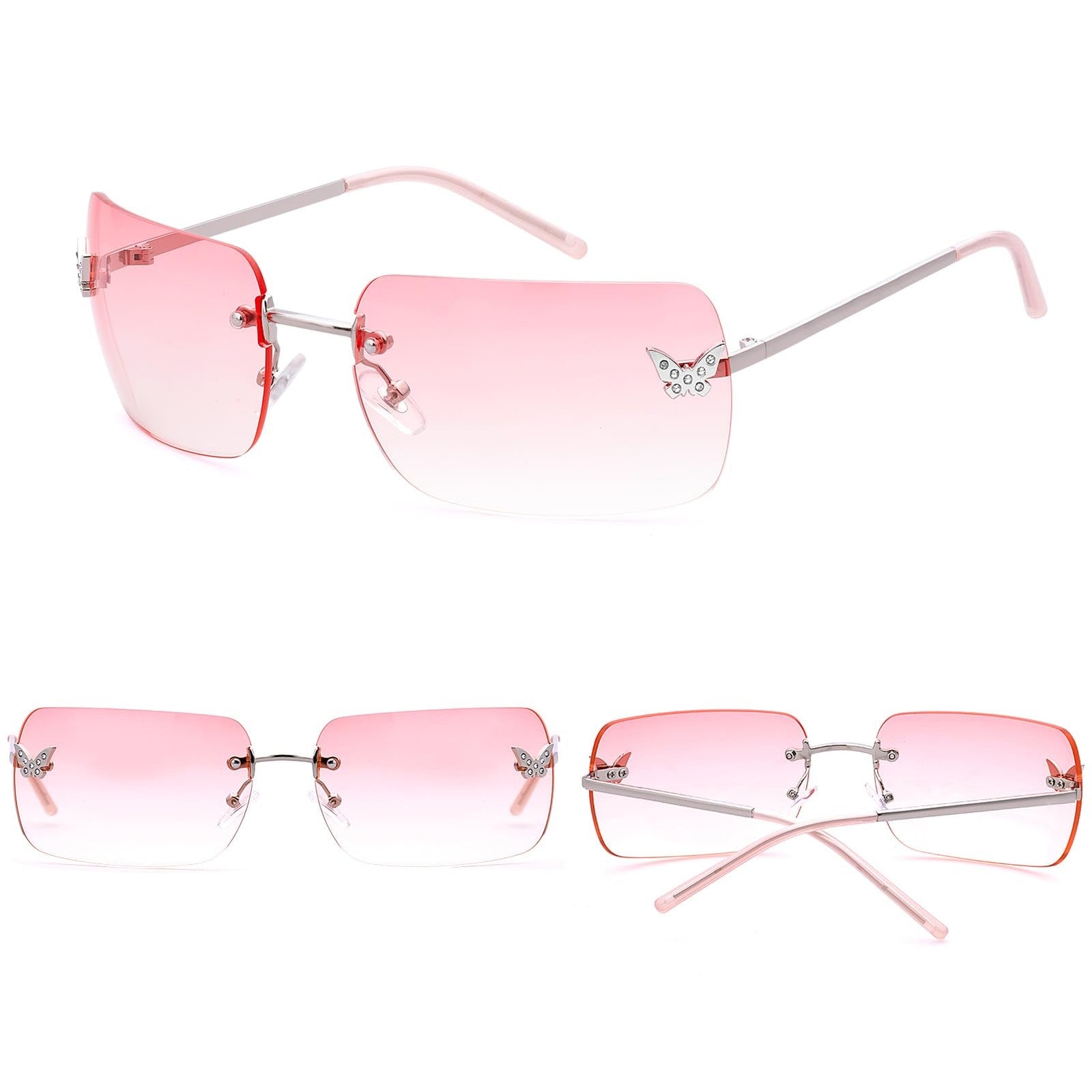 Cute Frameless Y2K Sunglasses - Small Rectangle Pink Lens, Butterfly Design