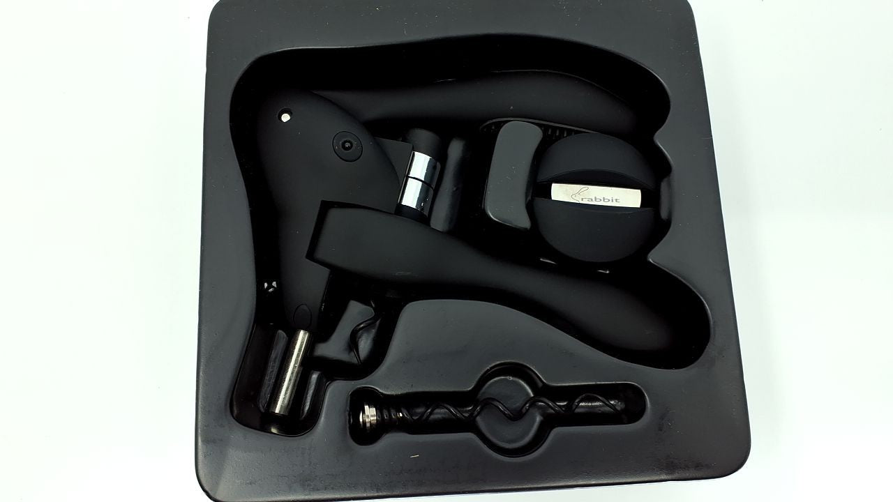 Rabbit W6004N Corkscrew Wine Opener w/ Extra Spiral & Foil Cutter, Black